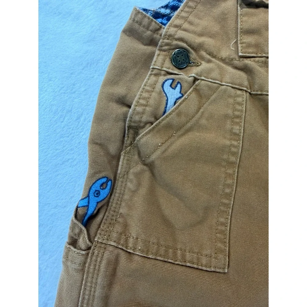 OshKosh Bgosh Brown Canvas Tool Embroidered Flannel Lined Overalls 6-9 Months‎